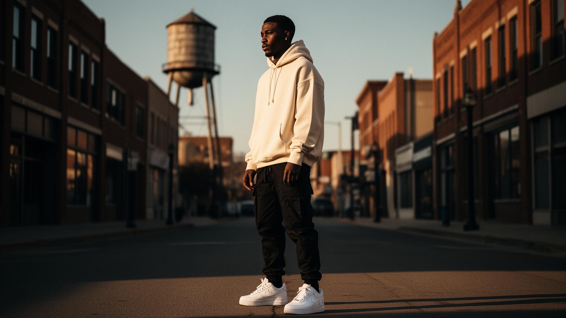 Midwest Kicks campaign — model in cream hoodie and luxury sneakers on a Springfield street